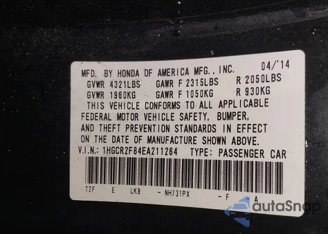 2014 Honda Accord Ex-L from USA, damaged, VIN 1HGCR2F84EA211264